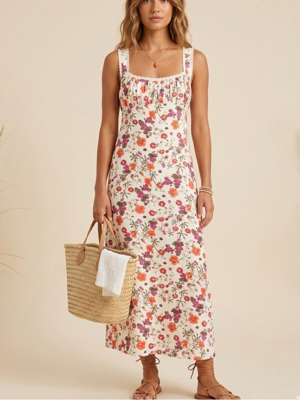 Band Of The Free Multicolor Floral Maxi Crochet Trim Dress Cottagecore SZ S